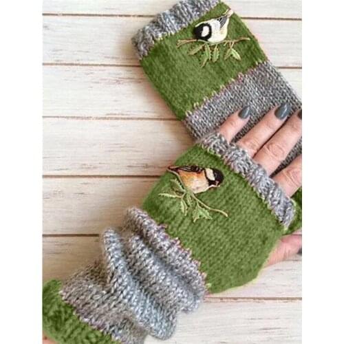 Women Birds Embroidery Gloves Knitted Fingerless Plus Velvet Color Block Splice Mittens Girls Winter Gloves Christmas Gifts