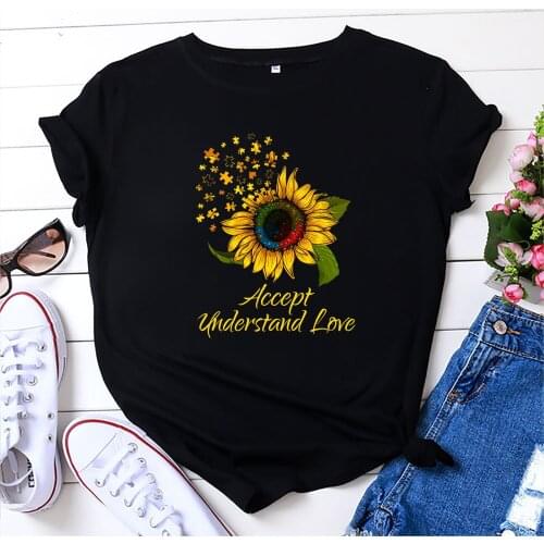 Plus Size S-5XL 100% Cotton T-Shirt Jigsaw Sunflower Print TShirt Women TShirt Female O Neck Short Sleeve Tee Summer Shirts Tops