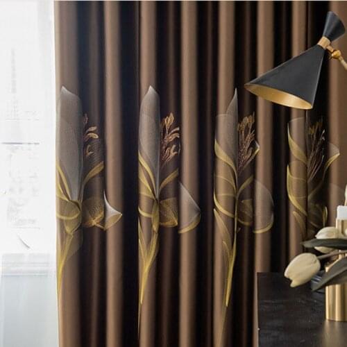 Luxury European Blackout Curtains For Living Room Satin Fabric Lily Embroidery Sliding Door Panel Window Treatment Drapes zh449d
