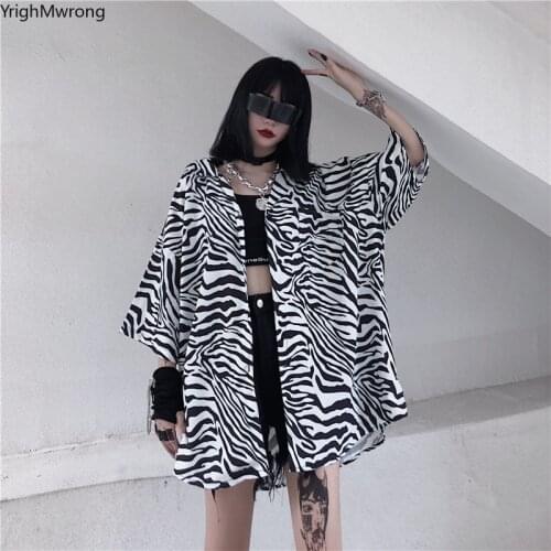 Korean Streetwear Harajuku Short Sleeve Dark Stripe Zebra Print Oversized Button Outfit Blouse Shirt Top Woman Man Fashion Cloth