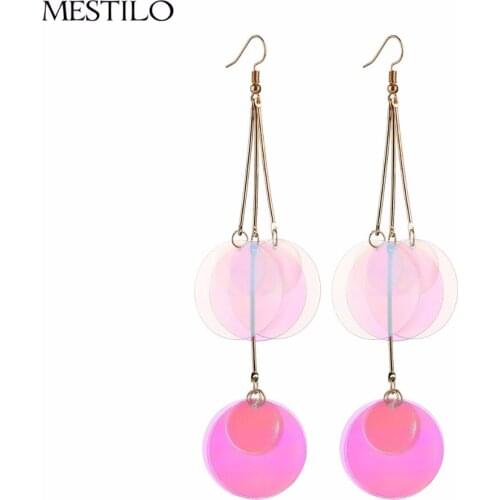 MESTILO Korean Style Laser Dazzle Colorful Round Sequins Long Tassel Earrings For Women Statement Mermaid Scales Dangle Earrings