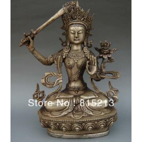 436 8" Old Tibet Buddhist Silver Bronze Manjushri Buddha Statue