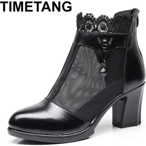 TIMETANG Genuine Leather Party Shoes Sexy Fashion Silk Screen Platform Mature Sandals Wedding Shoes High Heel Pumps For Women