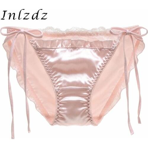 Womens Lingerie Sexy Lace-up Panties Lace Trim Satin Sexy Briefs Ladies Sides Pleated Underwear Elastic Waistband Underpants