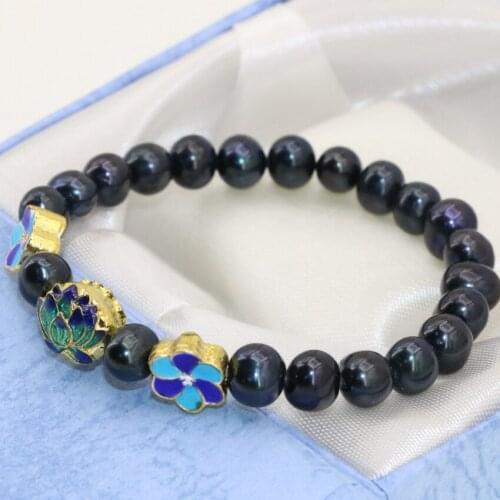 Top Quality Gold-color Cloisonne Spacers Natural 7-8mm Freshwater Cultured Pearl Round Beads Bracelets Diy Jewelry7.5inch B2801