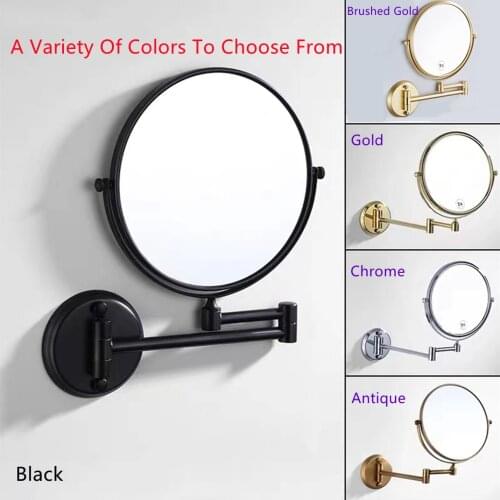 Bath Makeup Mirror Black/Brushed Gold Brass Bathroom Telescopic Folding 8 Inches 3 x Magnifying Dual Face Round Cosmetic Mirrors