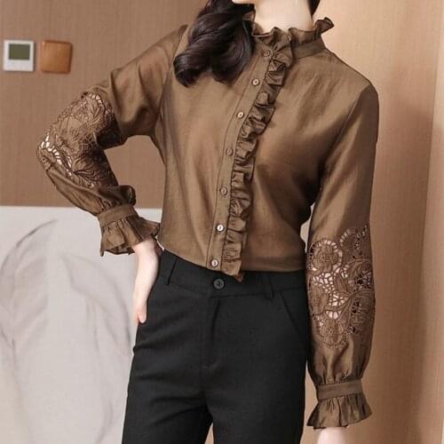 Vintage Office Ladies Blouses Shirts Lady Casual Lotus Leaf Collar Lantern Sleeve Feminine Blouse Loose Women Blusas Tops DM0035