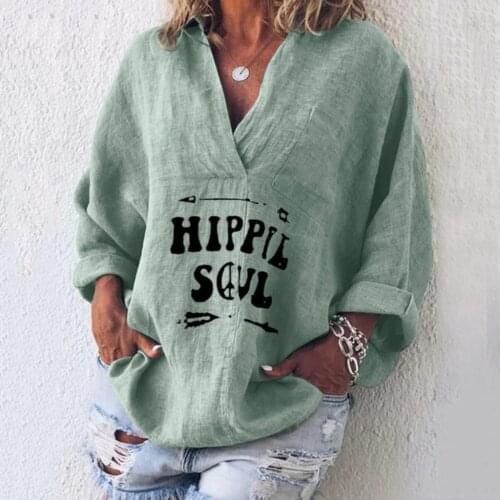 Women Clothes Long Sleeve Loose Shirt Women Casual Letter Print V Neck Cotton Linen Shirt Top Tops Loose Female #T2G