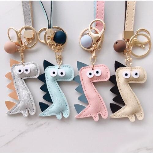 Cartoon Animal PU Leather Dinosaur Keychain Creative Cute Handmade Leather Key Ring Women Car Bag Pendant Jewelry Accessories
