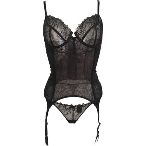 Black Bow Floral Perspective Lace Sexy Women Bustier with Belts Thong 2pcs Set for Female Gothic Corset Waist Trainer SH016