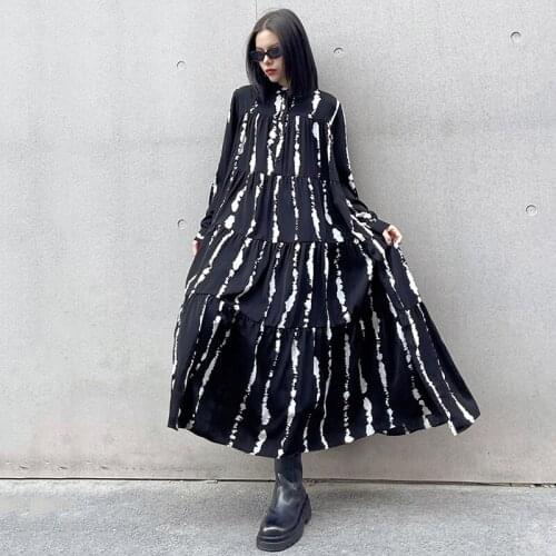 Fashion Women Maxi Dress Black Pattern Printed Big Size 2021 Autumn Clothes Vintage Stand Collar Long Sleeve Loose Lady Vestidos