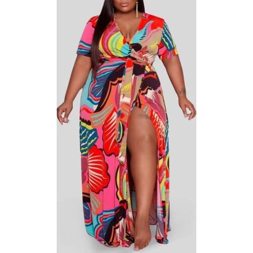 Cutubly Lace Up Maxi Dress Plus Size Deep L-4XL Floral Print Long Dress Short Sleeve Women Office Lady Slit Loose Red Dresses