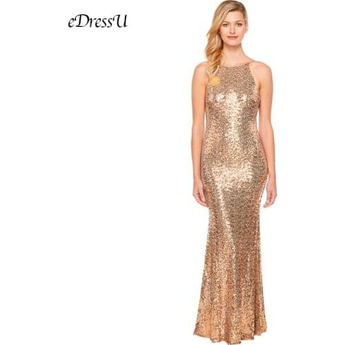 Gold Sequin Long Dress Mermaid Evening Dress Open Back Women Formal Dress Sexy Elegant Maxi Dress Vestido Robe HX-90878