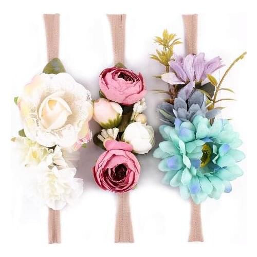 1set=3pcs Newborn Baby Flower Headband Nylon Faux Flower Party Hair Bands Toddler Infant Headwear Photo Props Hair Accessories