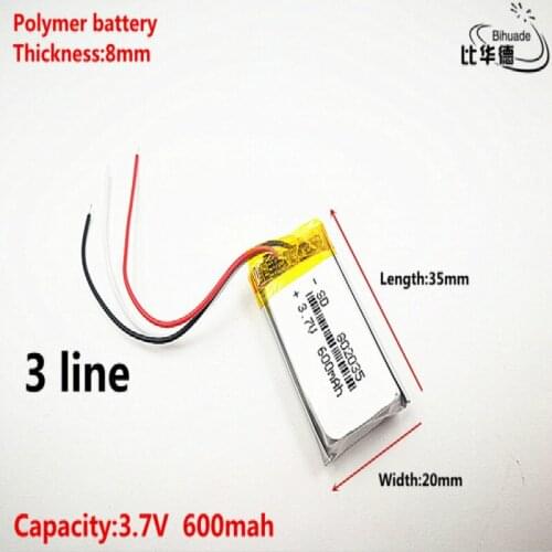 3 line Good Qulity 3.7V,600mAH,802035 Polymer lithium ion / Li-ion battery for TOY,POWER BANK,GPS,mp3,mp4