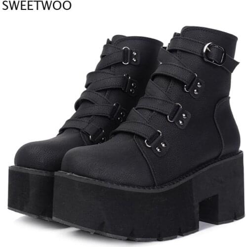 Spring Autumn Ankle Boots Women Platform Boots Rubber Sole Buckle Black Leather PU High Heels Shoes Woman Comfortable