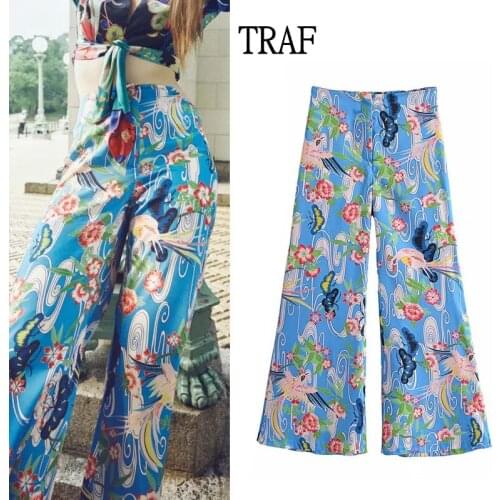 TRAF Za Women Pants Summer Vintage Print High-Waisted Flare Pant Womens Clothing 2021 Loose Elastic Waist Zipper Woman Trousers