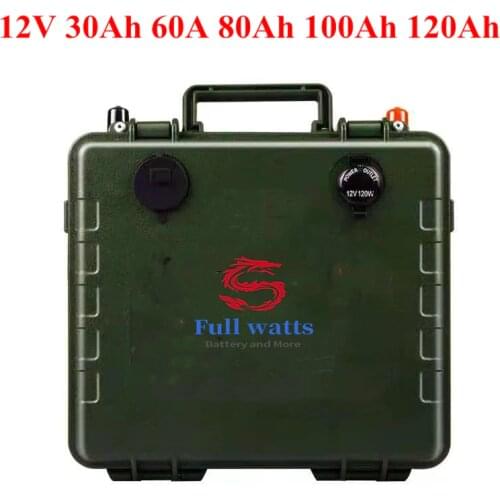 Army green waterproof case 12V 30Ah 60Ah 80Ah 100Ah 120Ah lithium battery pack for Outdoor portable power supply +charger