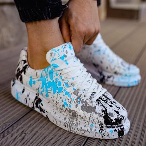 Chekich Mens & Womens Shoes White Blue Black Pattern Faux Leather Lace Up Mixed Color Printed Spring and Fall Seasons Unisex Sneakers Odorless Casual Brush Comfortable Office University Street Style Wedding CH255 V3