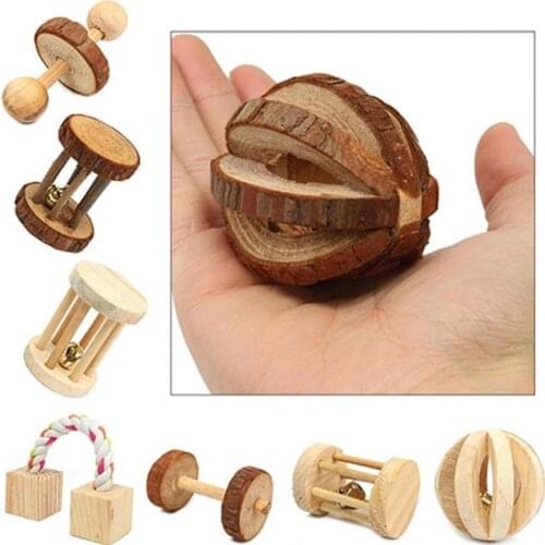 Natural Wooden Toys for Pets Pine Dumbells Unicycle Bell Roller Chew Toys for Guinea Pigs Rat Hamster Small Pet Supplies