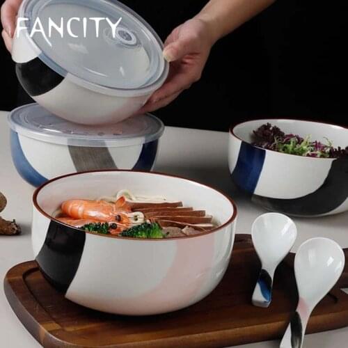 FANCITY 1060ml Nordic Art Ceramic Large-capacity Instant Noodle Bowl with Lid Single Household Fruit Soup Noodle Bowl Kitchen Ta