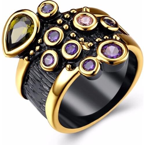 Rings For Women Black Gold Color Party Ring Lead Free Setting with AAA Cubic Zirconia Punk rings Fashion Jewelry Free Allergy