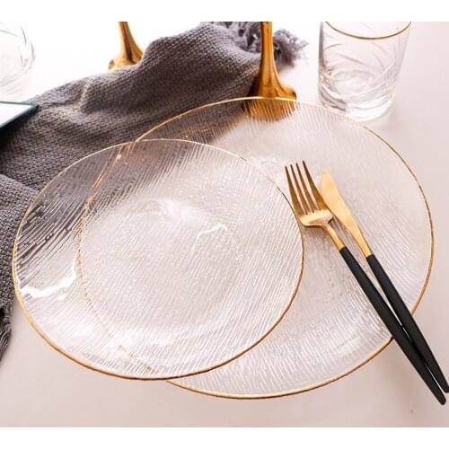 Creative Gold Edge Transparent Hammer Eye Pattern Glass Plate Western Food Plate Steak Plate Table Mat Plate Household Fruit
