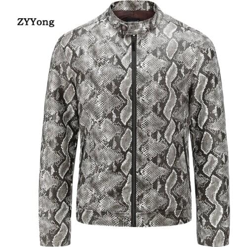 PU Stand Collar Leather Jacket Men Sexy Snake Pattern Motorcycle Biker Jacket Men Zipper Design Faux Leather Mens Jacket Coat