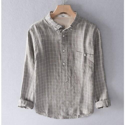 Suehaiwes style Italy brand plaid shirt men pure linen spring and summer shirts for men casual comfortable shirt mens overhemd