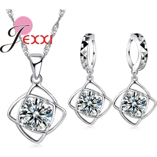 Glittering Concise 925 Sterling Silver Cubic Zirconia Pendant Necklace Drop Earring Jewelry Sets For Women Best G