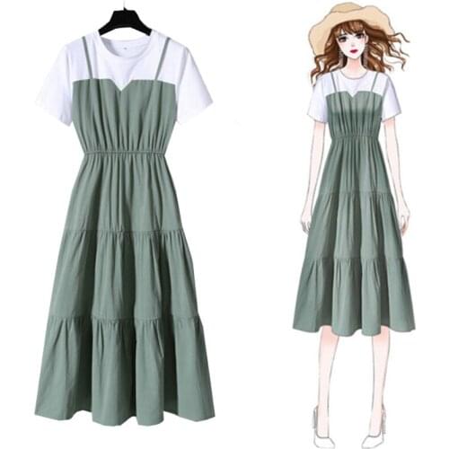 New Lady Dress Cake Skirt 2021 Spring Womens Fake Two-Piece Mother Dress Oversize Short-Sleeved Over-The-knee Long Female Dress