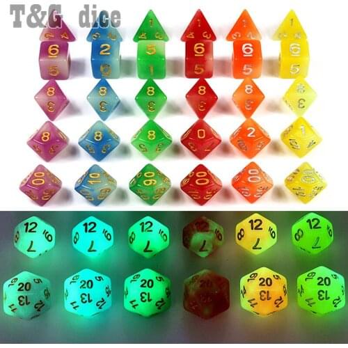 New Arrived 7pc/lot High Quality Mix-Colour Glow In The Dark,Dice for DND D4,6,8,10,10%,12,20 Set RPG Board Game