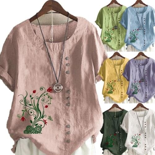 New Women Summer Casual Print Loose T-shirts Vintage Round Neck Plus Size Short Sleeve Blouse Tops S-5XL