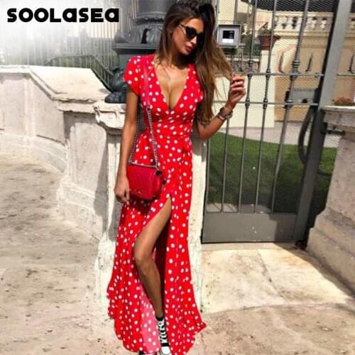 Soolasea Boho V-neck Polka Dot Long Dresses Women Split Short Sleeve Summer Casual Dress Streetwear Black Maxi Dress Vestidos