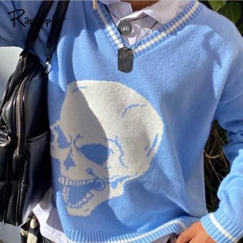 Rapcopter Y2K Sweaters Skulls Pullovers V Neck Knitwear Loose Casual Knitted Jumpers Women Streetwear Retro Tops Autumn Winter