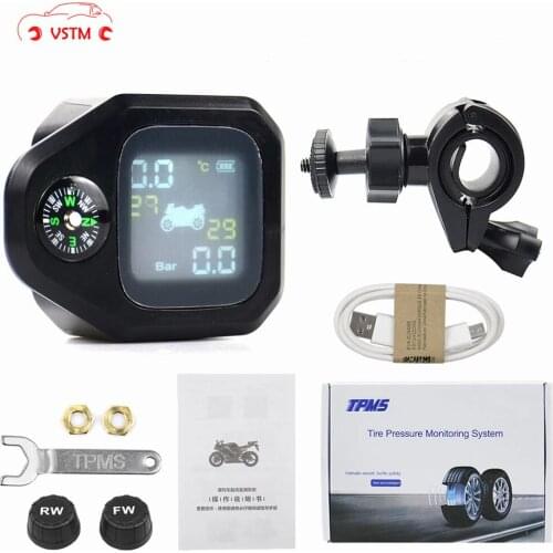 Highly Accurate USB Solar Charging Motorcycle TPMS Motor Tire Pressure Tyre Temperature Monitoring Alarm System 2 Sensors