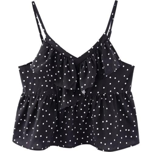 Neatie kiddie Sexy Black Polka Dot Print Summer High Street Women Camis T-shirt V-neck Ruffles 2019 Short Tshirt Clothes