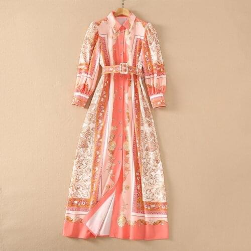 European and American womens wear for summer 2021 Long sleeve lapel printed single breasted buttons Fashionable Belt Dress