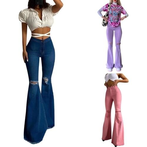 Womens Denim flared pants, leisure high elastic high waist version, hollow decoration, solid color tight and slim summer pants