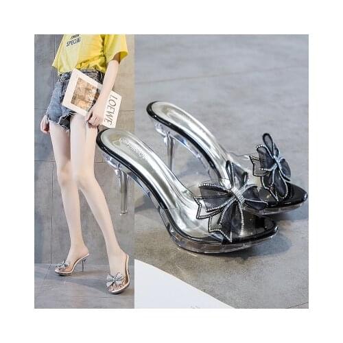 Crystal womens net red slippers rhinestone bow transparent high-heeled platform cute jelly shoes summer stiletto sandals 9.5 cm
