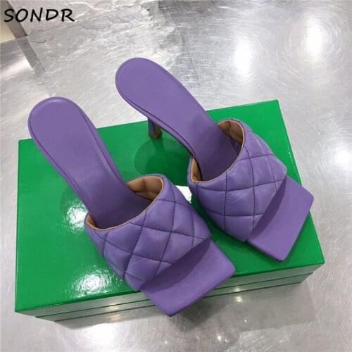 2021 New Genuine Leather Women Sandals Fashion High Heel Mules Shoes Women Square Toe Ladies Beach Slides Design Summer Slippers