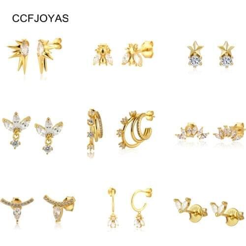 CCFJOYAS INS 925 Sterling Silver White color Zircon Stud Earrings for Women 18k Gold Plated Piercing Earring Fine Jewelry