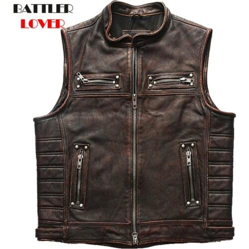 Genuine Cow Leather Vests For Men 2021 Real Leather Motorcycle Biker Waistcoat Male High Quality Stand Collar Sleeveless Jackets