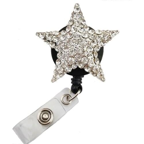 20pcs Rhinestone Star Shape Retractable ID Badge Reel With Swviel Clip