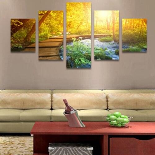 2017 Real Hot Sale Unframed 5 Pieces Modern Wall Art Canvas Painting Decorative Sunset Forest Landscape Picture For Home Decor