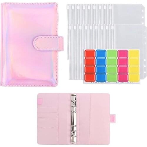 A6 PU Leather Binder Cover Pink Leather Binder File Pocket Loose-Leaf Folder 6-Ring PVC Budget Envelope Binder