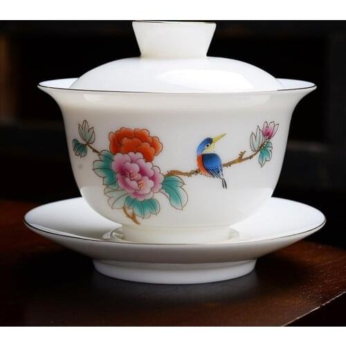 Sheep Fat Jade Tureen Applique White Porcelain Sancai Gaiwan Single Household Large Capacity Tea Bowl Ceramic Set With Cover