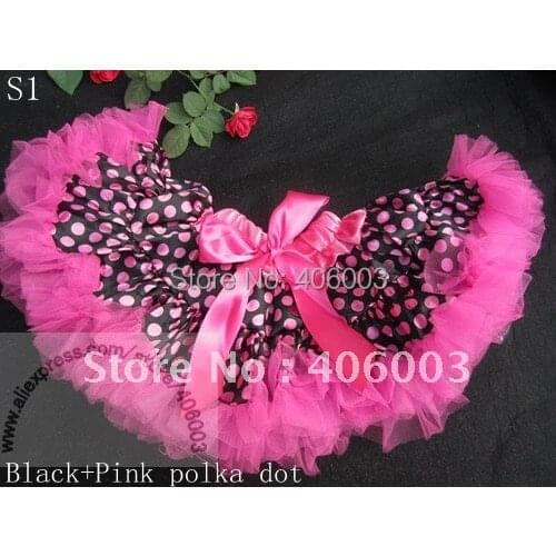 Free shipping by ems baby girls black pink with hot pink ruffle polka dot pettiskirt