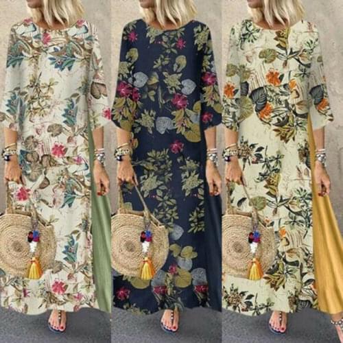 Boho NEW Women Loose Long Dresses Ladies Floral Print Cotton Linen Baggy Kaftan Dress Summer Casual Sundress Plus Size S-5XL