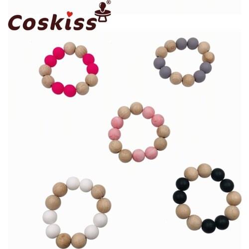 Baby Teether Bracelet Beech Wooden Beads Natural Teething Grasping Toy Silicone Bead Toddler Teether Newborn DIY Baby Gift